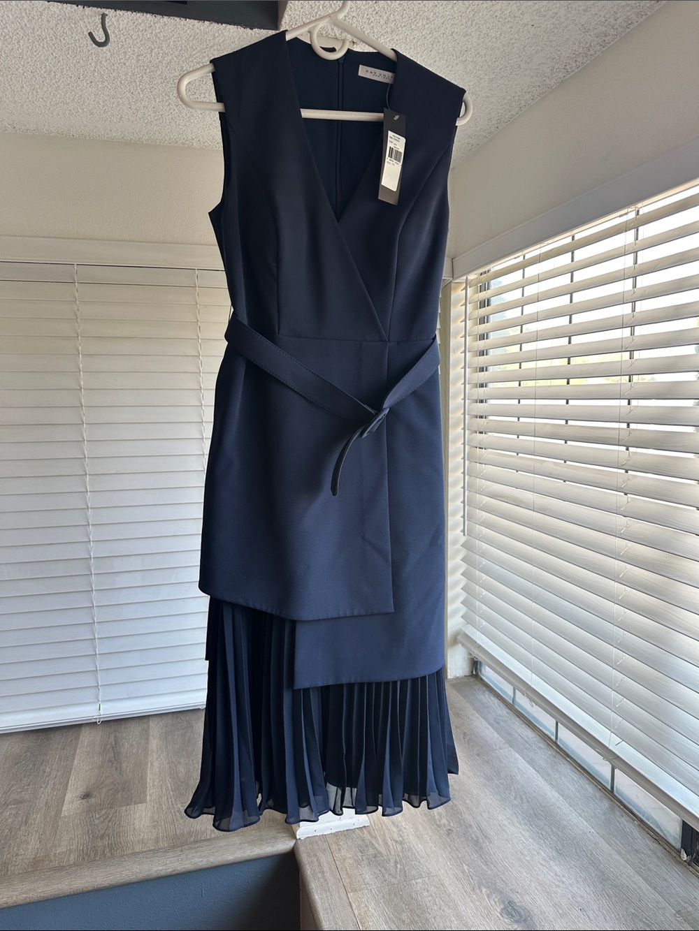 Kay Unger Navy Sleeveless Asymmetrical Wrap Dress with Pleated Skirt